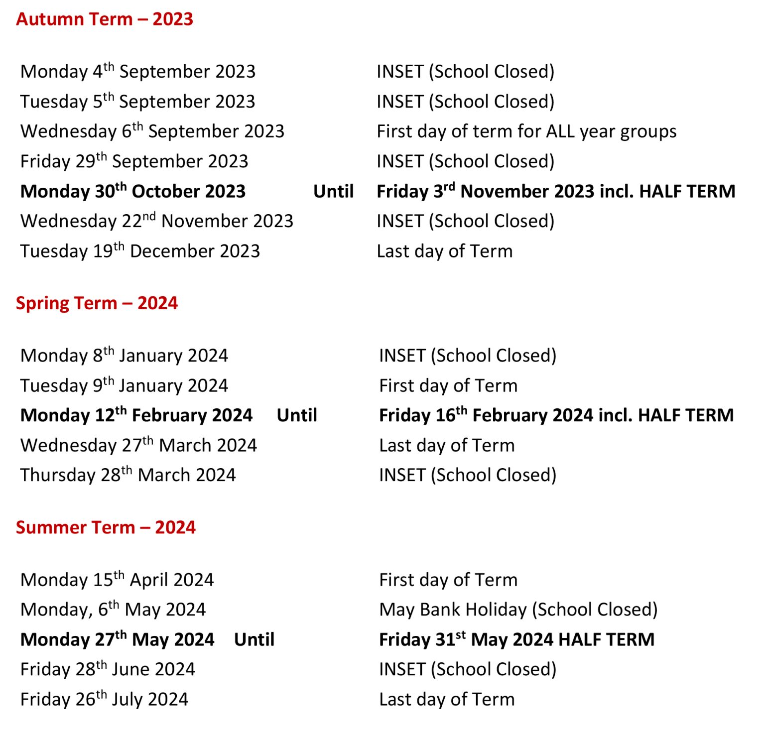 Term Dates Rainford High School